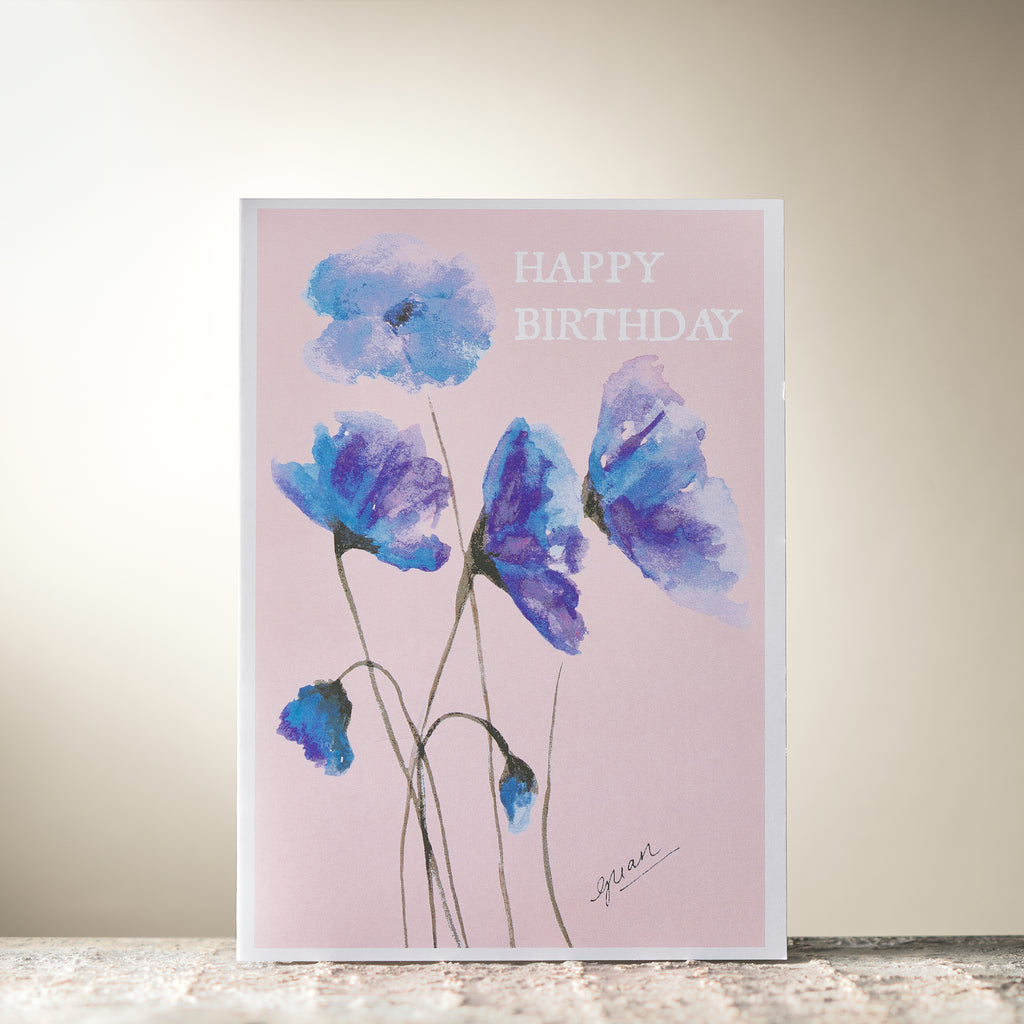 Pink & Purple Poppies "Happy Birthday" Card by Guan