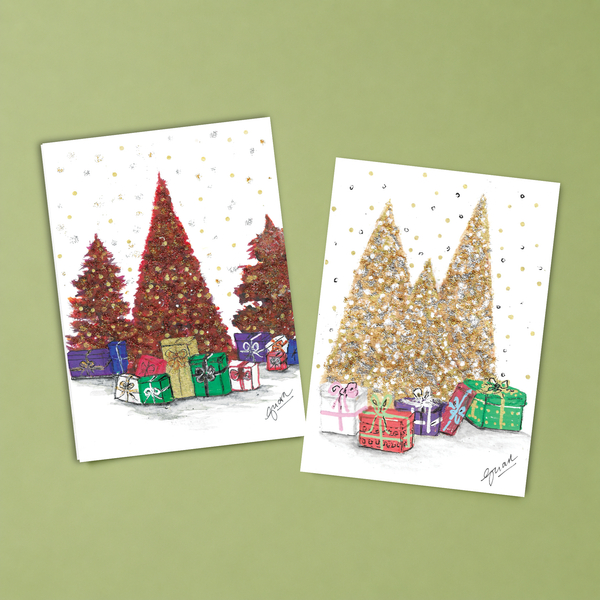 GUAN "Red & Gold Present Tree" Christmas card multipack (10 Pack)