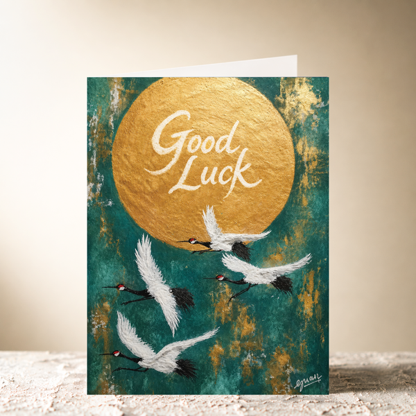 Flying Cranes 'Good Luck' Card by Guan
