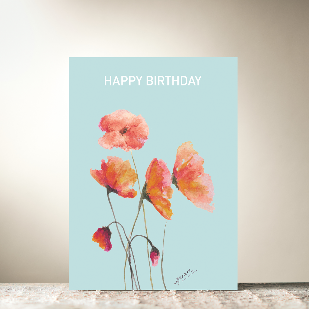 Amber& Turquoise Poppies "Happy Birthday" Card by Guan