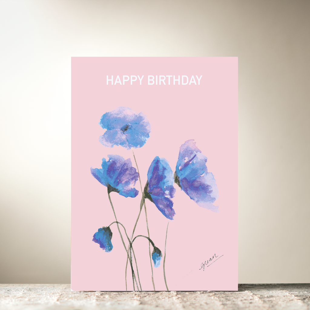 Pink & Purple Poppies "Happy Birthday" Card by Guan
